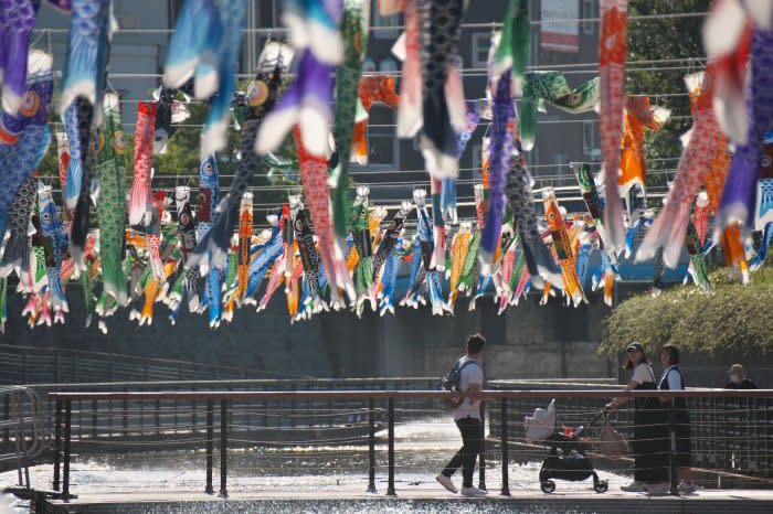 Carp streamers cover Tokyo Tower and Skytree in Japan