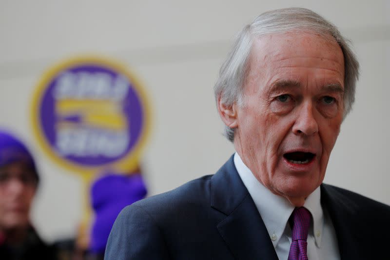 U.S. Senator Ed Markey (D-MA) speaks about federal government employees working without pay at Logan Airport in Boston