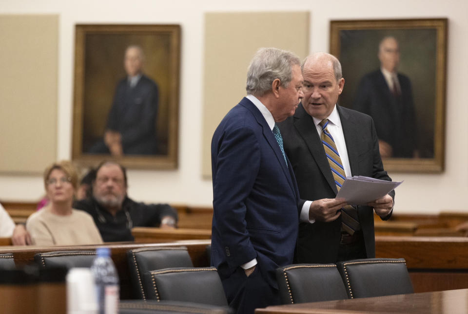 Alex Murdaugh's attorneys Dick Harpootlian, left, and Jim Griffin talk Murdaugh's sentencing for stealing from 18 clients, Tuesday, Nov. 28, 2023, at the Beaufort County Courthouse in Beaufort, S.C. (Andrew J. Whitaker/The Post And Courier via AP, Pool)