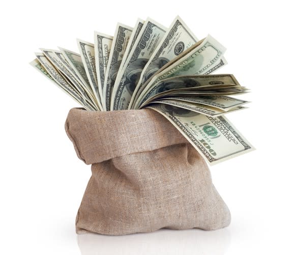 A burlap sack full of $100 bills.