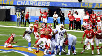 Kicker Harrison Butker, 7, of the Kansas City Chiefs kicks the winning field goal in overtime as the Kansas City Chiefs defeated the Los Angeles Chargers 23-20 during an NFL football game at SoFi Stadium in Inglewood, Calif., on Sunday, Sept. 20, 2020. (Keith Birmingham/The Orange County Register via AP)