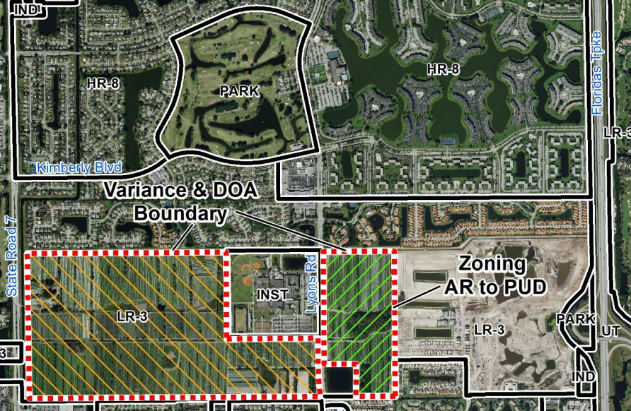 Map shows the sites for two GL Homes' developments on Lyons Road; on the left land has already been cleared for the high-end Lotus Edge development and on the right is the site where recently approved townhomes will be built.