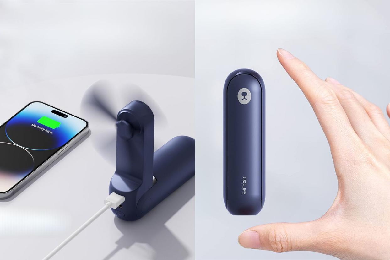 the handheld fan charging a phone, someone comparing the size of their hand to the portable fan