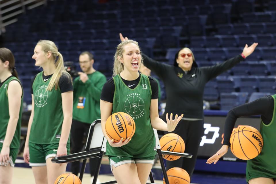 The University of Vermont women's basketball team practices before facing UConn in the opening round of the NCAA Tournament on March 17, 2023.