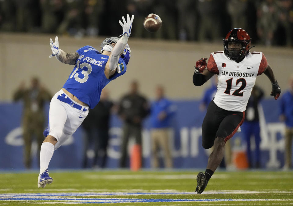 Air Force wide receiver Brandon Lewis, left, misses a pass as San Diego State cornerback Dallas Branch looks on late in the second half of an NCAA college football game Saturday, Oct. 23, 2021, at Air Force Academy, Colo. (AP Photo/David Zalubowski)