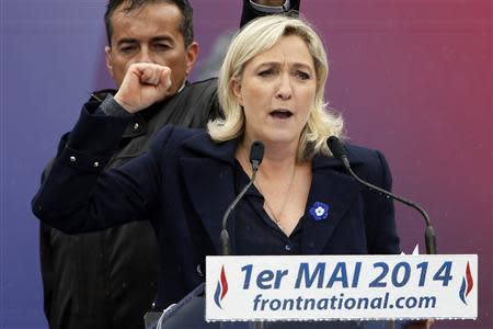 France's far right National Front political party leader Marine Le Pen delivers her speech during the National Front's annual May Day rally in Paris May 1, 2014. REUTERS/Charles Platiau