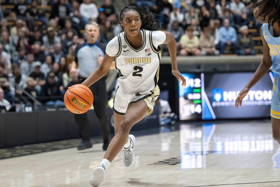 Purdue Boilermakers guard Rashunda Jones (2) drives to the basket during the NCAA women’s basketball game against the Southern Jags, Sunday, Nov. 12, 2023, at Mackey Arena in West Lafayette, Ind. Purdue won 67-50.