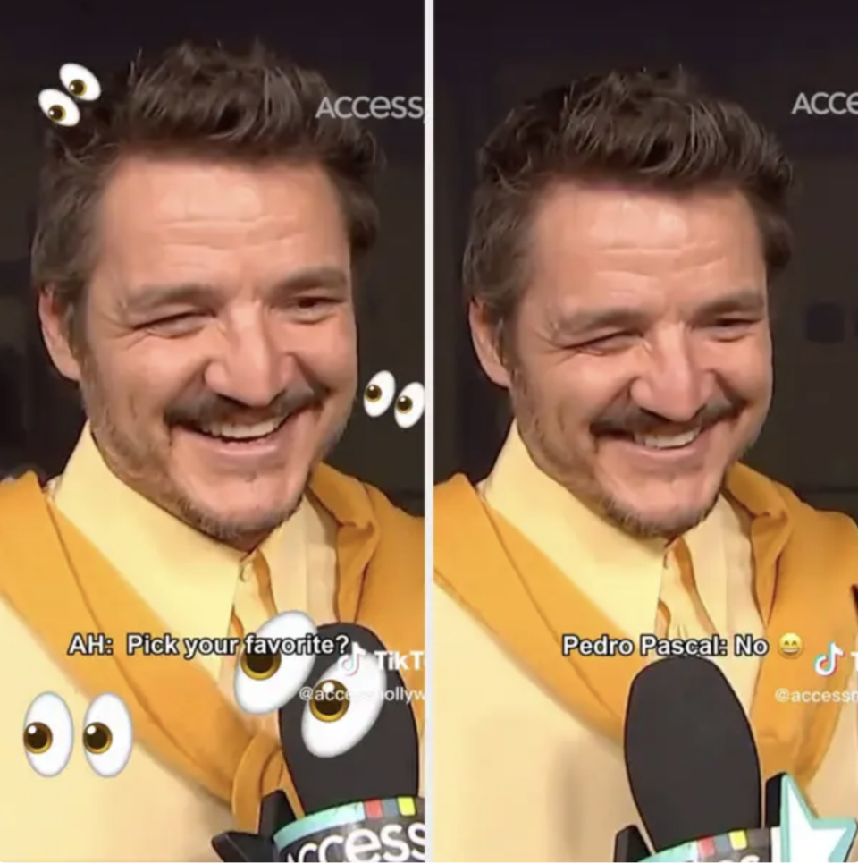 Pedro Pascal smiling in an interview, refusing to pick his favorite thirst tweet