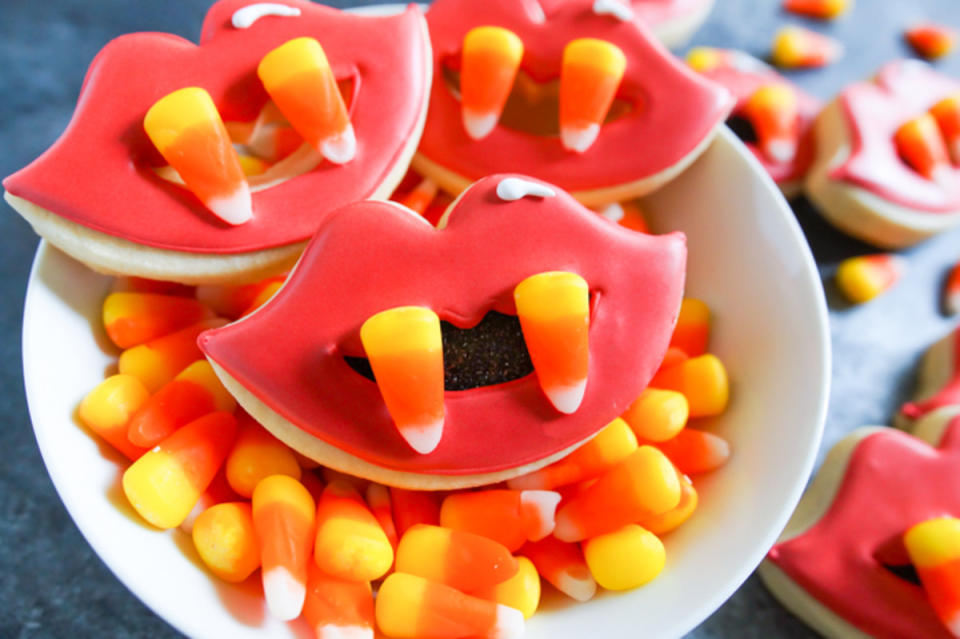<p>A creepy-cute decorated cookie to ring in a creepy-cute holiday. </p><p><strong>Get the recipe:</strong> <a href="https://www.bakeat350.net/2018/10/candy-corn-fang-halloween-cookies.html" rel="nofollow noopener" target="_blank" data-ylk="slk:Candy Corn Fang Halloween Cookies;elm:context_link;itc:0;sec:content-canvas" class="link ">Candy Corn Fang Halloween Cookies</a></p>