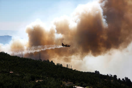 A plane drops water on a fire next to the village of Monchique, Portugal August 8, 2018. REUTERS/Pedro Nunes