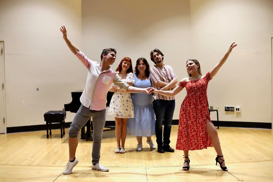 Left to right, Dean Yurecka, Kateri Condon, Brittany Koscinski, Sam Hoyer, and Shelby Zimmerman in the Otterbein Summer Theatre production of “Side by Side by Sondheim.”