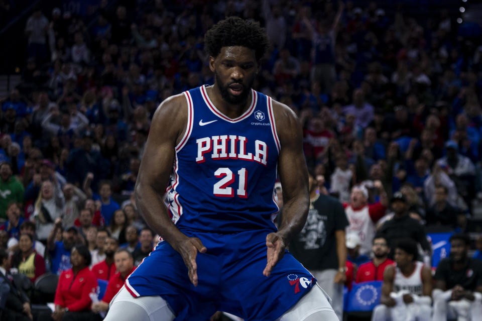 Philadelphia 76ers' Joel Embiid reacts to the shot and foul call during the NBA basketball game against the Portland Trail Blazers, Sunday, Oct. 29, 2023, in Philadelphia. The 76ers won 126-98. (AP Photo/Chris Szagola)