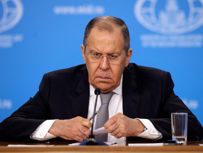 Russian Foreign Minister Sergei Lavrov looks on as he gives an annual press conference on Russian diplomacy in 2021, in Moscow on January 14, 2022.