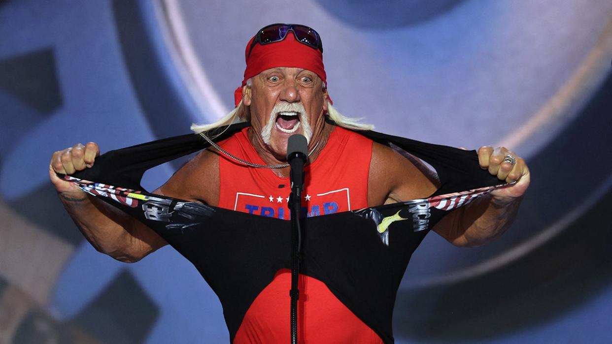 Hulk Hogan, professional entertainer and wrestler, tears his shirt open as he speaks on Day 4 of the Republican National Convention