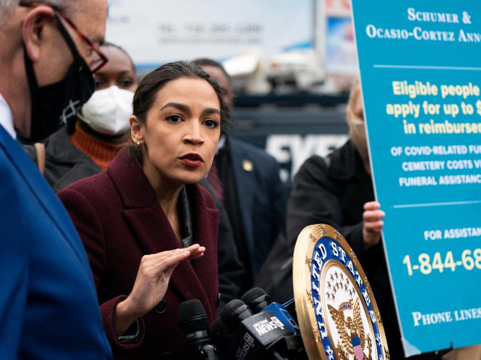 The news will revive the debate about the ‘corruption’ of allowing ‘mega donors’ so much political influence. Advocates for curbing that influence include U.S. Rep. Alexandria Ocasio-Cortez (D-NY) pictured during a news conference to announce FEMA will help pay for the funeral and burial of COVID-hit families in the Queens borough of New York City, in April this yearREUTERS