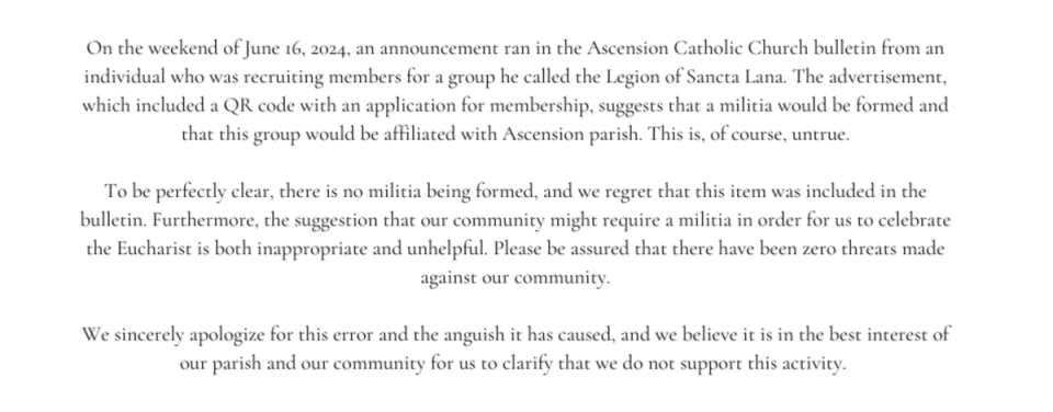 Ascension Catholic Church issued an apology after posting a bulletin calling for the formation of a militia (Ascension Catholic Church)