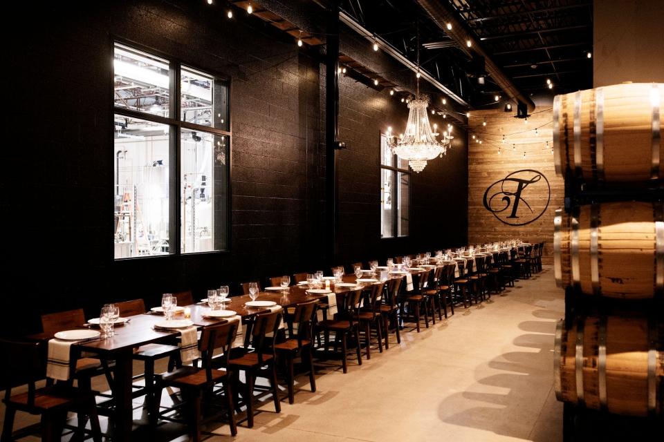 The barrel room at the new Tattersall distillery in River Falls is set up for events.