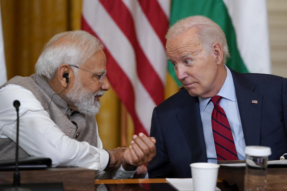 FILE - President Joe Biden speaks with India's Prime Minister Narendra Modi during a meeting with American and Indian business leaders in the East Room of the White House, Friday, June 23, 2023, in Washington. (AP Photo/Evan Vucci, File)