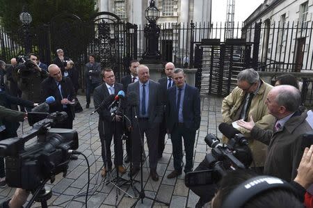 Raymond McCord (C) speaks to media after departing the High Court in Belfast, Northern Ireland October 28, 2016. REUTERS/Clodagh Kilcoyne