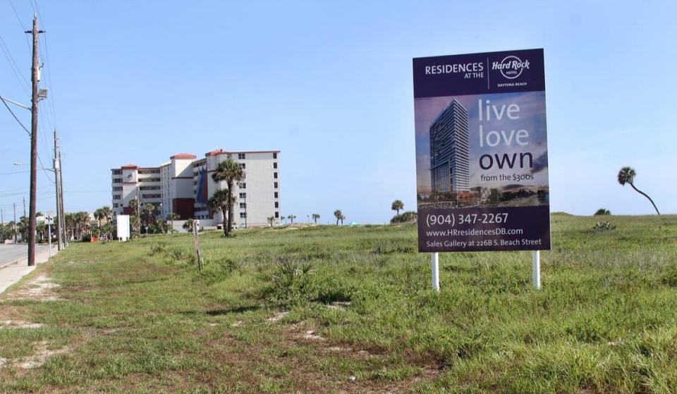 This is a sign that stood on the vacant oceanfront property at 800 S. Atlantic Ave. in Daytona Beach 10 years ago when Toronto, Canada-based Bayshore Capital was seeking to develop a 20-story Hard Rock Hotel & Cafe and an adjoining 20-story Residences at the Hard Rock condominium complex. The project was never built and was scrapped in 2016. Another developer wound up building a seven-story Hard Rock Hotel a couple miles to the north that opened in 2018 at 918 N. Atlantic Ave.
