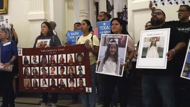 PHOTO: Protesters, some holding photos of victims of the Robb Elementary shooting in Uvalde, gather at the Texas State Capitol in Austin, Texas, May 8, 2023, to call for tighter regulations on gun sales. (ABC News)