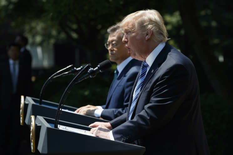 President Donald Trump, accompanied by South Korean President Moon Jae-in, speaks in the Rose Garden of the White House in Washington, Friday, June 30, 2017. (Photo: Evan Vucci/AP)