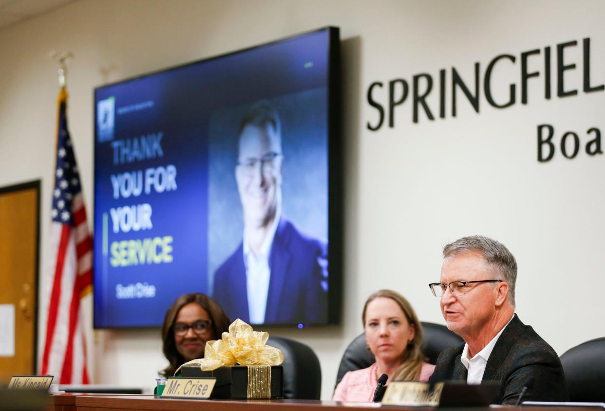 Springfield school board member Scott Crise, who was elected in 2021 but did not win a second term April 2, thanked family and friends during his final meeting April 9.