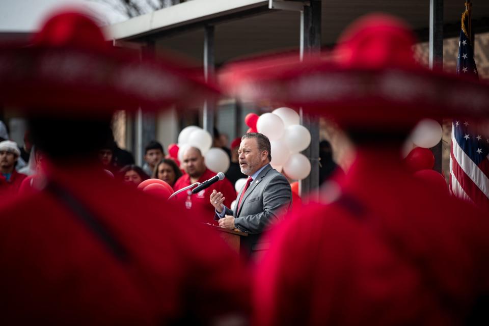 The Robstown Early College High School mariachi band watches Superintendent Jose Moreno speak during a ribbon-cutting ceremony for a new welding classroom on Tuesday, Jan. 17, 2023, in Robstown, Texas.