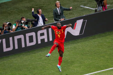 El delantero de la selección de fútbol de Bélgica Romelu Lukaku festeja tras convertir un doblete frente a Panamá en su duelo por el grupo G de la Copa del Mundo de la FIFA en Sochi, Rusia, jun 18, 2018. REUTERS/Carlos Garcia Rawlins