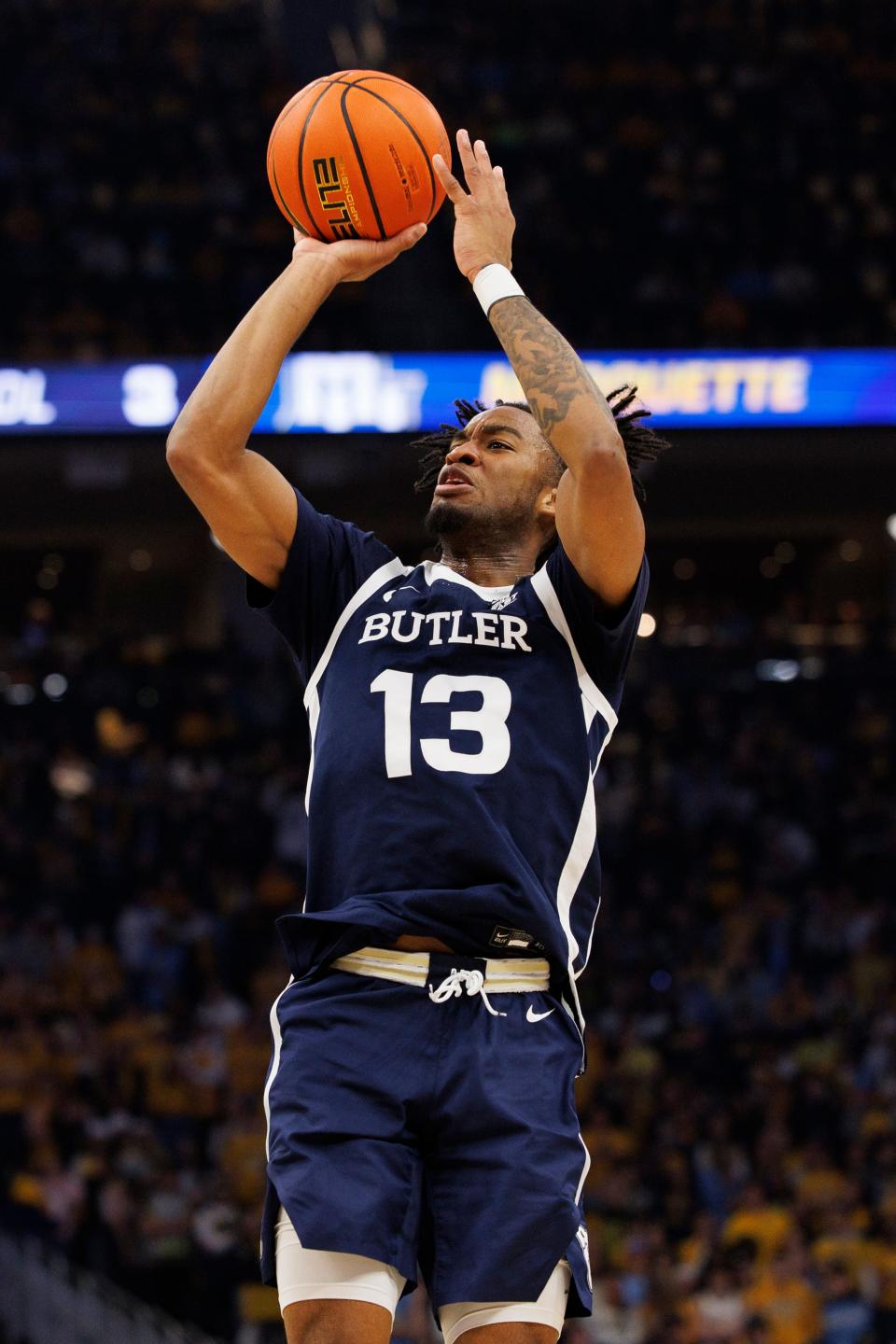 Feb 4, 2023; Milwaukee, Wisconsin, USA;  Butler Bulldogs guard Jayden Taylor (13) shoots during the first half against the Marquette Golden Eagles at Fiserv Forum. Mandatory Credit: Jeff Hanisch-USA TODAY Sports