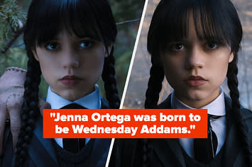 Jenna Ortega in Wednesday, on-image text: "jenna ortega was born to be wednesday addams."