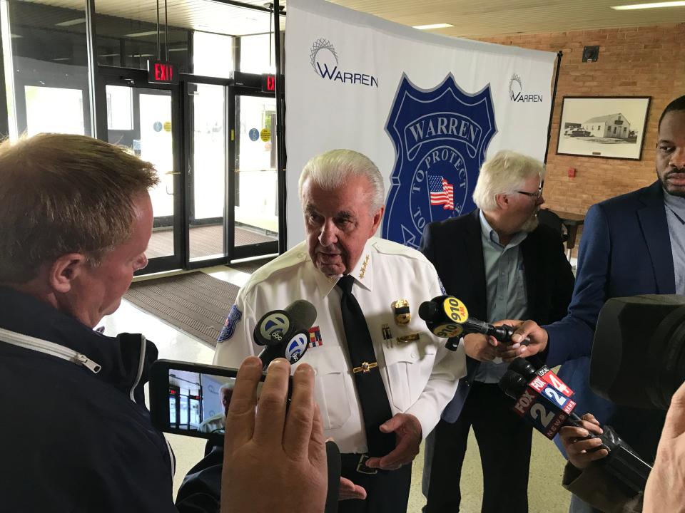 Warren Police Commissioner Bill Dwyer discusses a three-day human sex trafficking crackdown in Warren during a news conference on May 17, 2019.