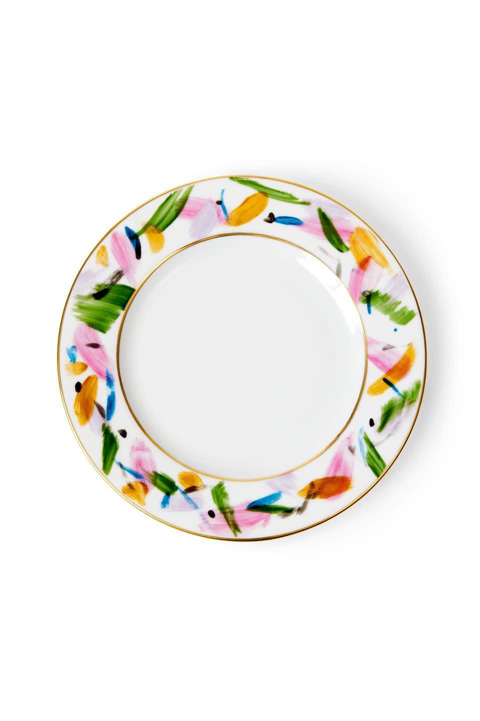 desert plate with colorful abstract watercolor smudges along the outside rim