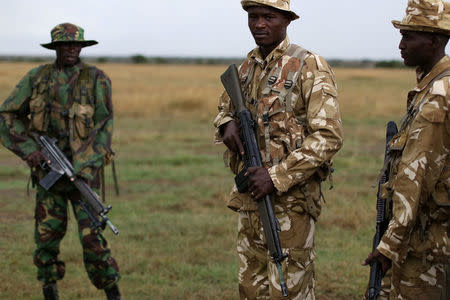 A special unit of wildlife rangers demonstrate an anti-poaching exercise ahead of the Giants Club Summit of African leaders and others on tackling poaching of elephants and rhinos, Ol Pejeta conservancy near the town of Nanyuki, Laikipia County, Kenya, April 28, 2016. REUTERS/Siegfried Modola