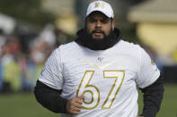 FILE - In this Jan. 22, 2020, file photo, New Orleans Saints guard Larry Warford runs during NFL football NFC Pro Bowl practice in Kissimmee, Fla. After being selected for the last three Pro Bowls, Warford was cut by New Orleans earlier this month. He immediately became the most enticing offensive lineman on the market, and will likely find a starting spot somewhere. (AP Photo/Chris O'Meara, File)