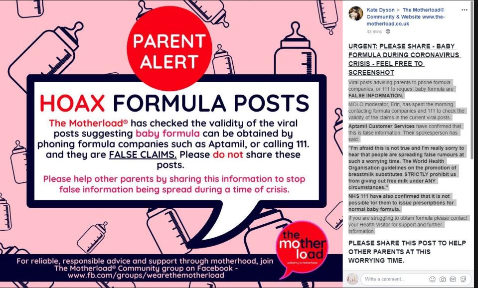 Posts suggesting 111 can supply free baby formula have been outed as hoaxes by a mums' group (The Motherload/Facebook)