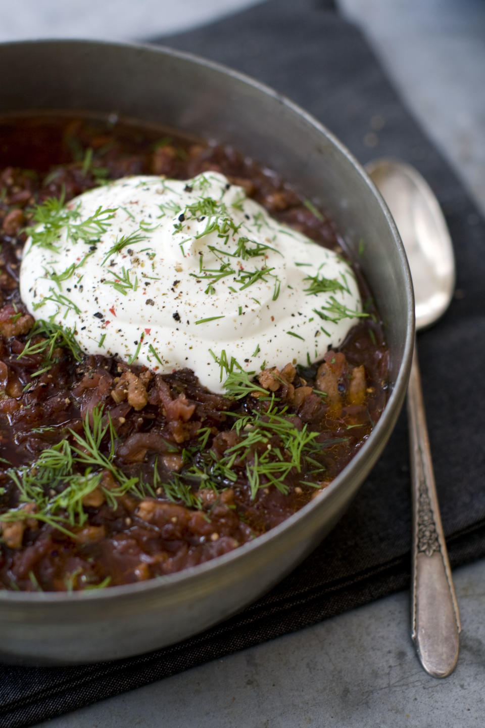 This Jan. 6, 2014 photo shows sausage borscht in Concord, N.H. This classic dish from Russia and much of Eastern Europe not only is a great way to eat a ton of vegetables, it also can be incredibly delicious. (AP Photo/Matthew Mead)