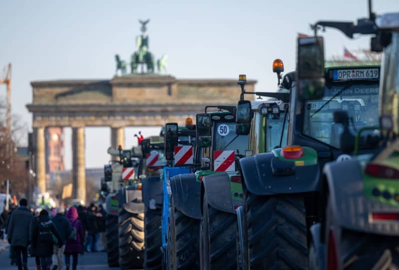 Tractors stand in front of the Brandenburg Gate. In response to the German government's austerity plans, the farmers' association has called for a week of action with rallies and rallies starting on January 8. It is to culminate in a major demonstration in the capital on January 15. Monika Skolimowska/dpa