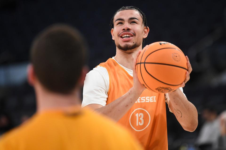 Tennessee forward Olivier Nkamhoua (13) takes a shot during a practice preceding the East Regional semifinal round of the NCAA Tournament in Madison Square Garden, Wednesday, March 22, 2023.