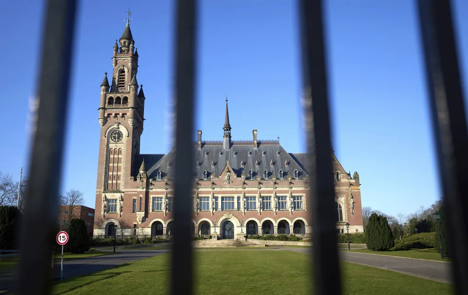 The front of the International Criminal Court in The Hague, Netherlands, Monday, March 7, 2022. A representative for Kyiv has urged the United Nations' top court to order Russia to halt its devastating invasion of Ukraine, at a hearing snubbed by Russia. (AP Photo/Phil Nijhuis)