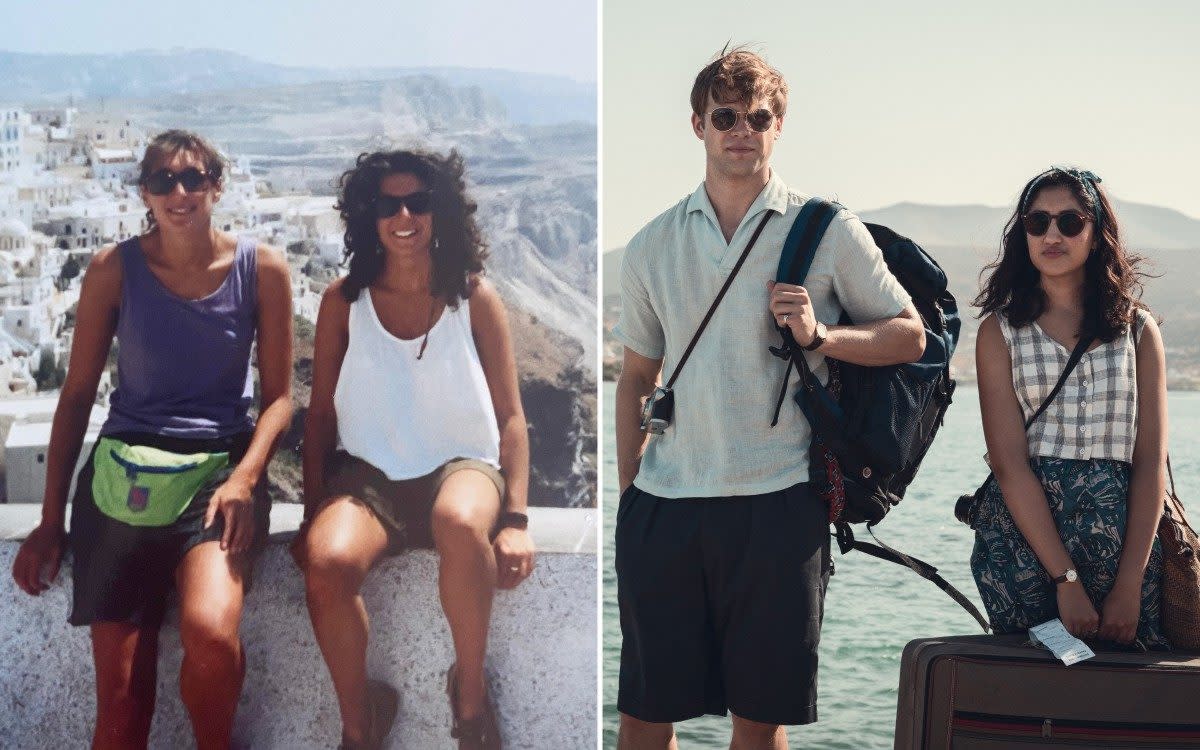 On the left, me with my friend Justine in Greece, 1991. On the right, Ambika Mod (Emma) and Leo Woodall (Dexter) in the new adaptation of 'One Day'