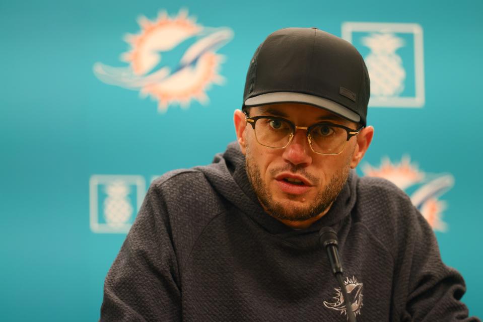 Jun 4, 2024; Miami Gardens, FL, USA; Miami Dolphins head coach Mike McDaniel speaks to reporters at a press conference during mandatory minicamp at Baptist Health Training Complex. Mandatory Credit: Sam Navarro-USA TODAY Sports