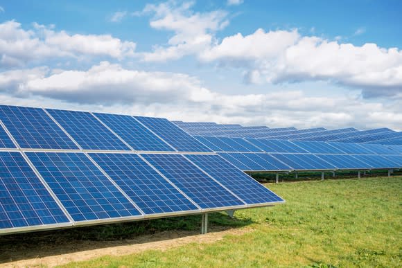 Solar array in a grassy field.