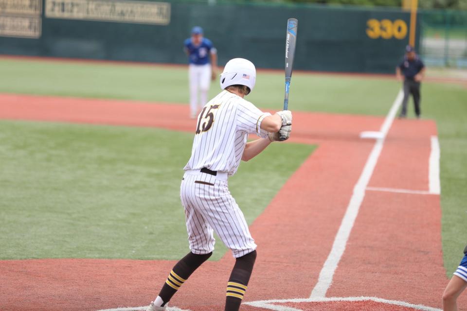 Senior Logan Huber prepares to bat for Roger Bacon in the Division III regional semifinal game with Reading.