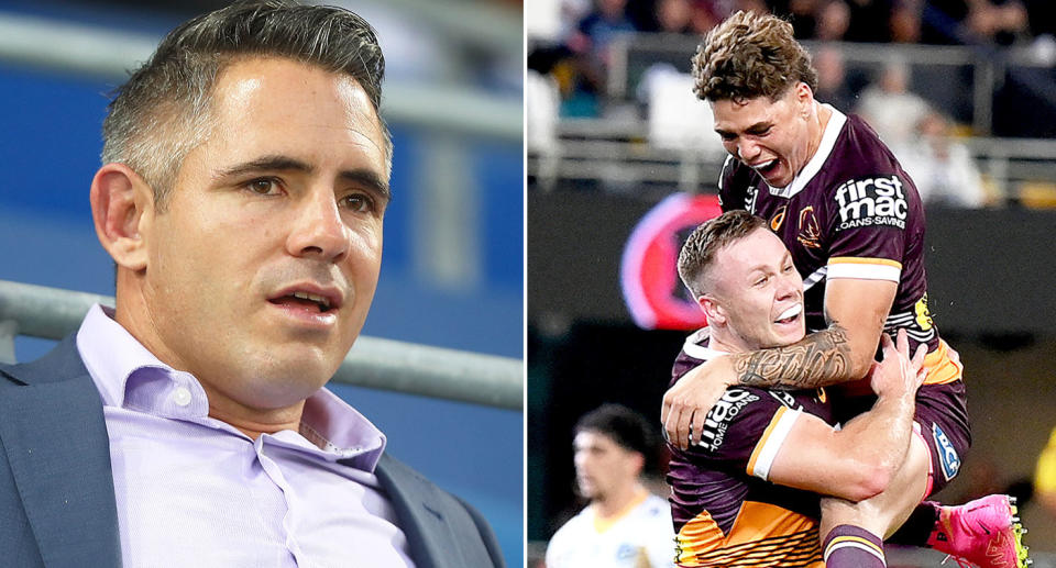 Pictured left is NRL great Corey Parker and Brisbane Broncos players on the right.