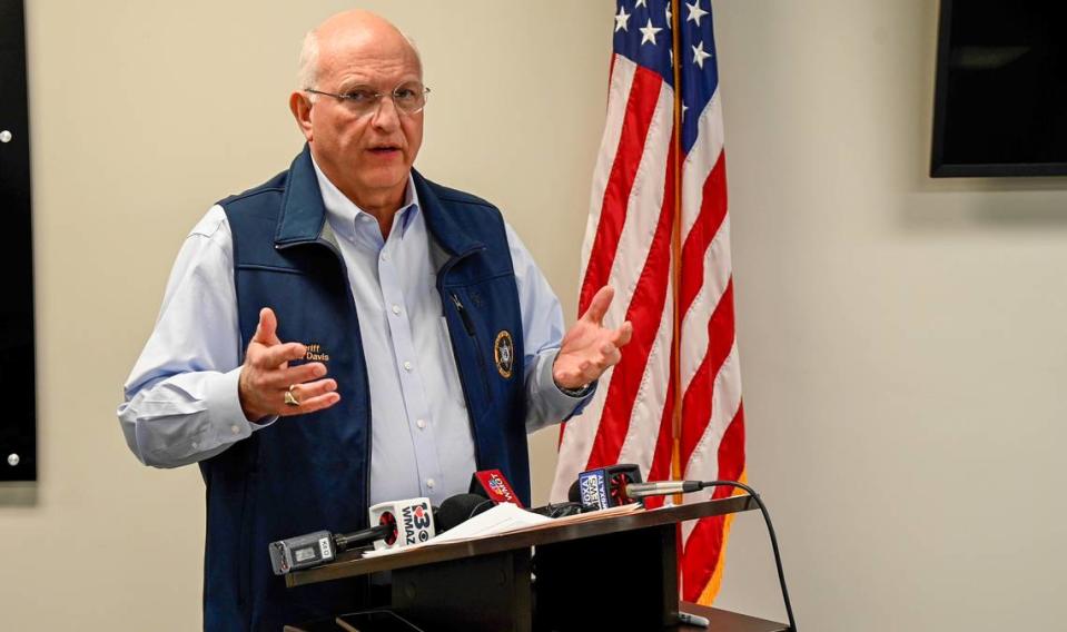 Bibb County Sheriff David Davis speaks at a press conference Monday afternoon after 4 inmates escaped from the county jail earlier in the day.