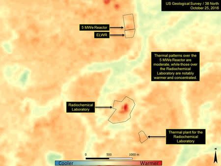 A thermal image of the radiochemical laboratory at the Yongbyon nuclear plant in North Korea is seen which 38 North says was taken in October 2016 and released on July 14, 2017. Courtesy Thermal data available from the US Geological Survey/38 North/Handout via REUTERS