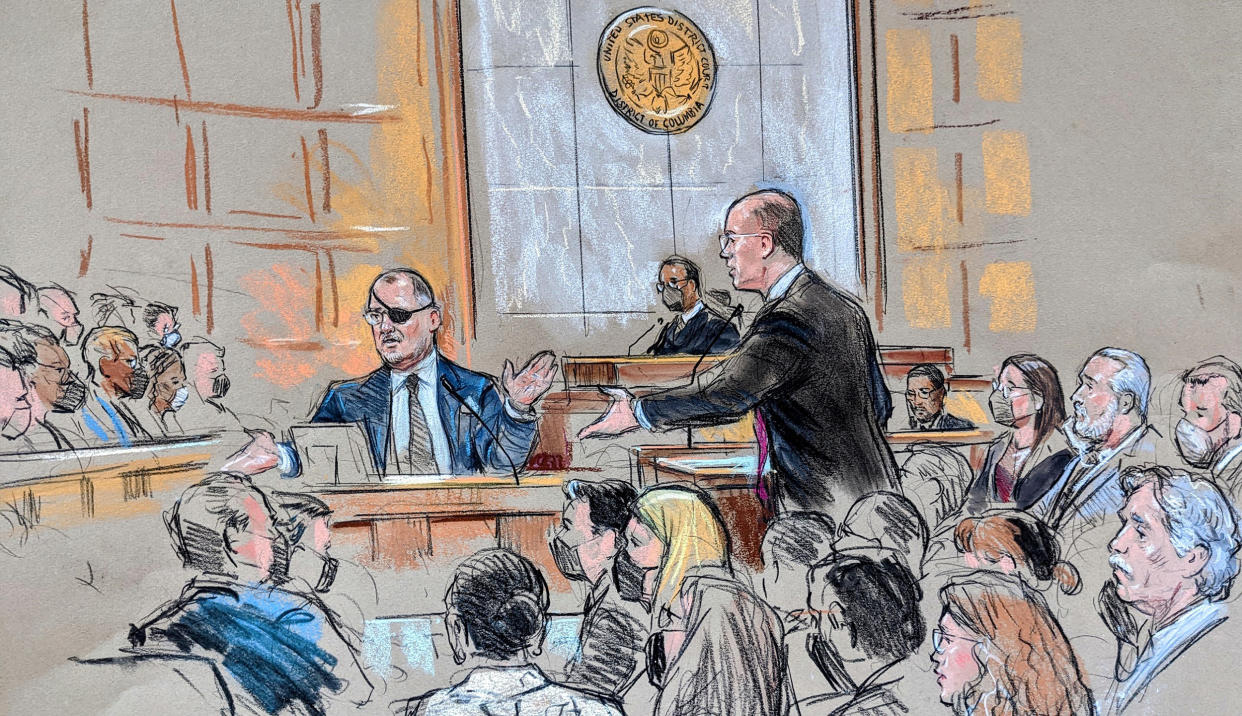 Courtroom sketch of Steward Rhodes in court on Friday. (Bill Hennessy)