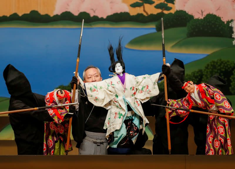 Kanjuro Kiritake, a Bunraku puppeteer, performs Japan's traditional puppet drama called 'Bunraku' at National Theatre in Tokyo