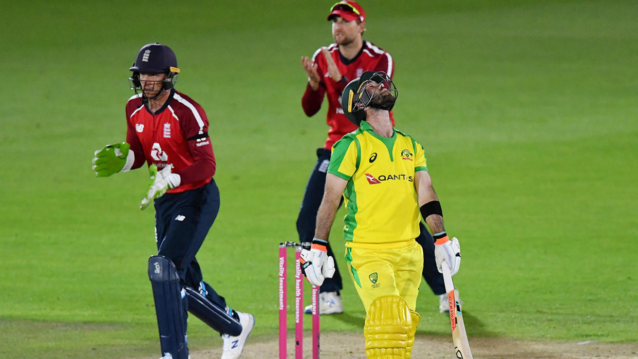 Glenn Maxwell was one of several Australian players to throw their wickets away in the first match of the T20 series against England. (Photo by Dan Mullan/Getty Images)